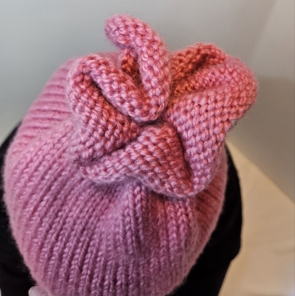 Hand Crafted Mauve Pink Hand knit Beanie Unisex Handmade crochet cap floral top - Picture 7 of 17